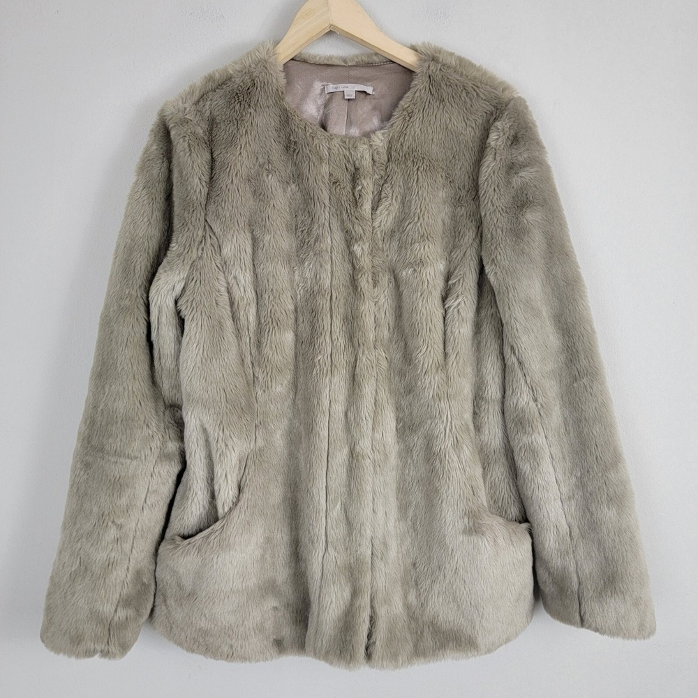 Gap Coat Jacket‎ Womens Size L Gray Faux Fur Luxe Side Pockets Long Sleeve READ!